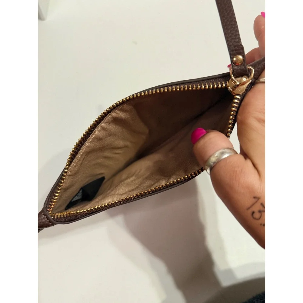 Nanette Lepore Dark Brown Pebbled Vegan Leather Wristlet Pouch Gold Logo Zip Top
